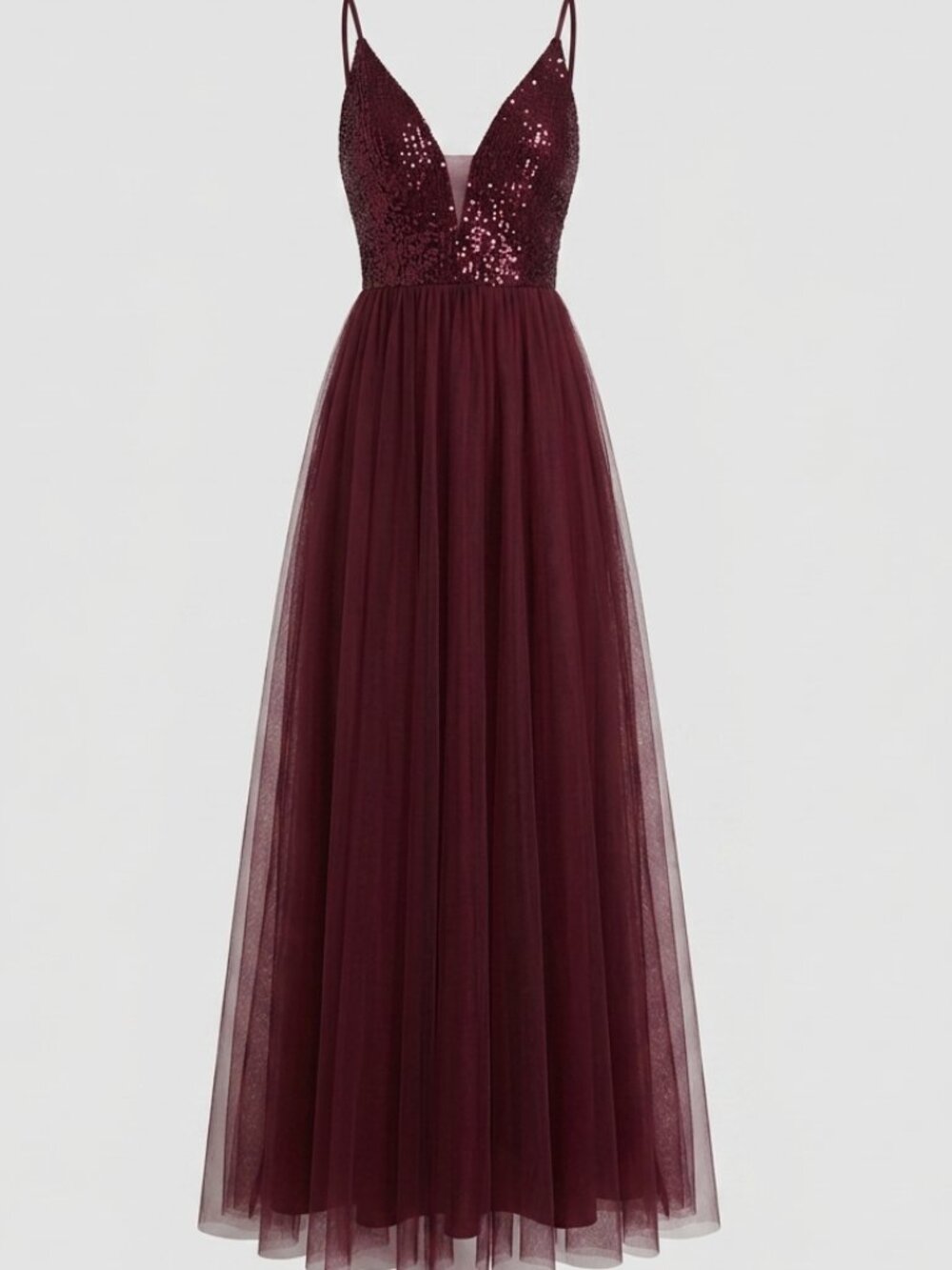 Elegant V-Neck Burgundy Sequin Tulle Gown Medium EUC